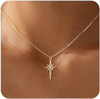 BERISO 14K Gold Plated Women's Pendant Necklace with Cable Chain, Elegant Star & Moon Heart Design, Dainty Minimalist Jewelry Made in USA