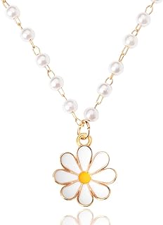 Daisy Flower Necklace White Pearl Necklaces for Women Girls Daisy Pendant Necklace Boho Sunflower Necklaces Pearl Chain Necklace for Women Flower Bead Necklaces Daisy Themed Birthday Gifts