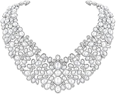 FAMARINE Women's Wedding Pearl Necklace with Box Chain, Crystal Rhinestones, and Lobster Clasp - Zinc Material