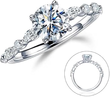 MOOSEA Versailles Moissanite Rings for Women, 1ct Round D Color VVS1 Clarity Lab Created Diamond Rings 14K White Gold Vermeil Marquise and Round Side Stone Moissanite Engagement Rings for Women Wife