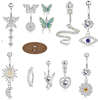 Clicker Snake Belly Ring With Cubic Zirconia For Women, Heart/Butterfly/Evil Eye Design in Stainless Steel