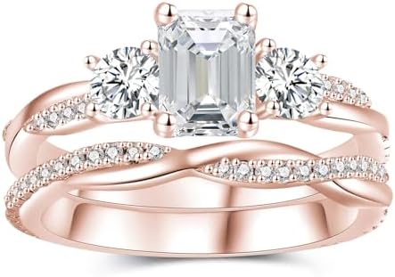 Elegant 1.76 Carat 3-Stone Emerald-Cut Moissanite Twisted Bridal Sets Engagement Ring in Choice of 925 Sterling Silver or Gold (10k, 14k, 18k) Available in Yellow, White, and Rose Gold with Ring Sizes 4-12