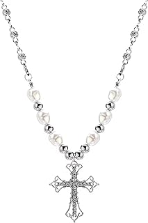 Y2K Gothic Cross Necklace with Crisscross Chain and Man-Made Pearl, Vintage Lobster Clasp Jewelry for Women & Girls