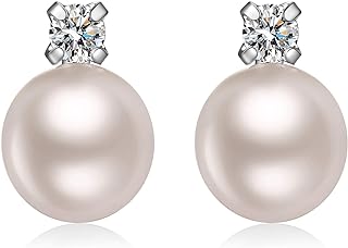 Han han 18K White Gold Plated Cubic Zirconia Pearl Diamond Stud Earrings with Push Back, Hoop Design & Sterling Silver Material for Women and Girls
