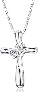 FUNRUN JEWELRY Sterling Silver Cross Choker Necklace with Box Chain and Cubic Zirconia for Women, Classic Design