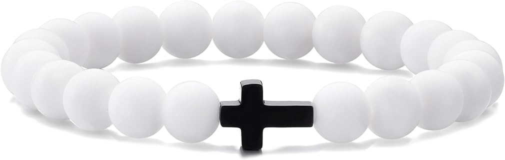 MOO&LEE Beaded Cross Bracelet for Men 8mm White and Black Bead Black Cross Bracelets Unisex