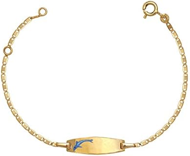 14k Yellow Gold 5.75 Inch Blue Dolphin Enamel Baby Id Bracelet Jewelry for Women