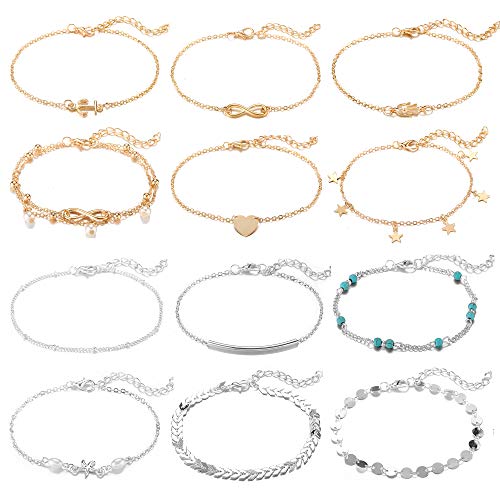 12Pcs Ankle Bracelets for Women Girls Gold Silver Two Style Chain Beach Anklet Bracelet Jewelry Anklet Set,Adjustable Size