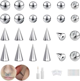 BodyAce 24Pcs Fake Nose Lip Labret Studs Eyebrow Rings, 3mm 4mm Replacement Balls Long Spike Cone with Eyelash Glue, Non-Piercing Body Jewelry Fake Skin Piercing