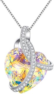 Spring Ring Clasp Aurora Borealis Crystal Necklace with Box Chain, Cubic Zirconia Gem for Women and Girls with Heart Design, Sterling Silver - Perfect Gift