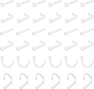 36Pcs 20g Small Clear Nose Studs Rings Retainers for Surgery Work Bioflex Plastic Flexible L Shape Flat Top Nose Corkscrew Nostril Bone Piercing Spacers Jewelry