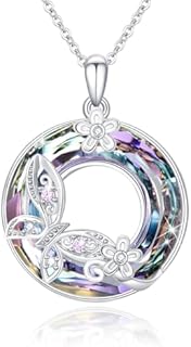 Butterfly Necklace for Women 925 Sterling Silver with Circle Crystal Jewelry Dainty Butterfly Jewelry for Girls Mom Wife Daughter Teens Birthday Mothers Day Christmas Gifts