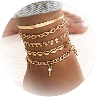 5Pcs Gold Anklet Layered Anklet Bracelets for Women Stackable Anklets Layered Link Chain Anklets Summer Beach Shiny Ankle Bracelet