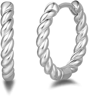 White Gold Plated Twisted Cable Hoop Earrings with Hinged Hoop Back Finding for Women, Minimalistic Design, 18mm Size