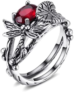 925 Silver Red Topaz Dragonfly Engagement Ring with Halo Design for Women, Durable Wedding Band Gift in Size 6-10