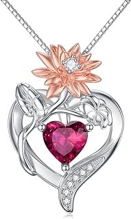 Lobster Clasp Sterling Silver Box Chain Birth Flower Pendant Necklace with Crystal Gem for Women and Girls, Heart-Floral Design, July Birth Month Jewelry