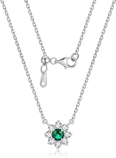 Womens Emerald Flower Pendant Necklace 925 Sterling Silver Floral Halo Necklace Round Cut Created Emeral Necklace for Women,Chain Length 18in