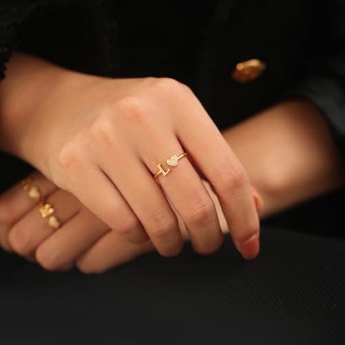 Heart Initial Ring for Women Teen Girls Silver Rose Gold Plated Heart Capital Letter Initial Rings Stackable Rings for Women Girls Adjustable Heart Alphabet Letter Rings Jewelry Gifts for Women
