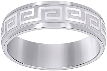 Stainless Steel Greek Key Engraved Wedding Ring for Men - Comfort Fit, Hypoallergenic Metal Band with Size Options 7 to 14
