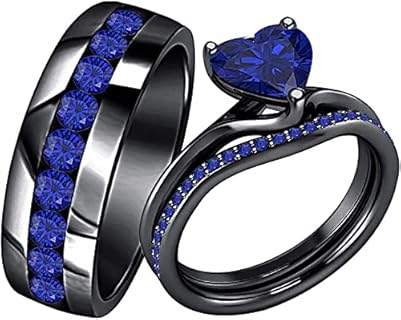3CT Heart-Shape Blue Sapphire Engagement Ring Set in 14K Black Gold-Plated Sterling Silver for Couples