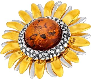 Women’s Brooch, Polished Sterling Silver, Oxidised and Gilded, Round Baltic Amber in Cognac Colour, Sunflower Brooch with Pendant Function