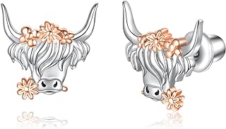 Sterling Silver Animal-Themed Stud Earrings with Screw Back for Girls with Delightful Highland Cow, Rabbit, Horse, Koala & Dog Designs - Hypoallergenic Jewelry Gift