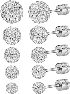5 Pairs Stud Earrings for Women Disco Ball Crystal Earrings Set Hypoallergenic Sparkly Cubic Zirconia Silver Ball Earring Studs - 5 Sizes