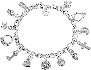 Rrdaily Vintage Silver Thirteen Hanging Pieces Bracelet for Women,Lucky Myth Charms Cross Heart Star Bracelets Lovers Friends Jewelry (A)