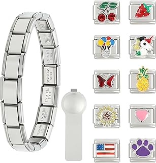 Jwicklirrng 12pcs Starter Charm Bracelet Set with Cubic Zirconia and Italian Charms - DIY Handmade Stainless Steel Bracelets for Women & Men