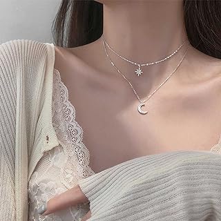 Boho Layered Star Moon Choker Necklace Chain Silver Crescent Moon Octagram Star Pendant Necklace Funky Rhinestone Moon Necklace Star Choker Stacked Necklace Jewelry for Women and Girls
