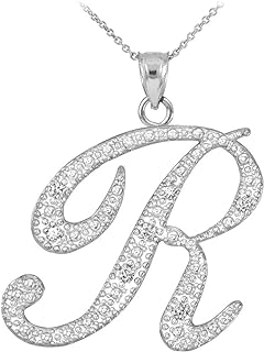 14K White Gold Diamond-Accented Initial Pendant Necklace with Spring Ring Clasp, Customizable A-Z