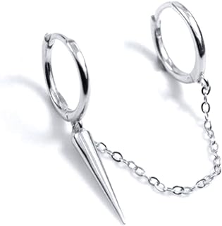 Dainty Spike Small Hoop Cuff Earrings 925 Sterling Silver Hypoallergenic Chain Tassel Threader Charm Dangle Earring Double Holes Cartilage Huggie Ear Cuffs for Women Girls Sensitive Ears 1pcs