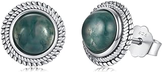 Sterling Silver Moss Agate Stud Earrings with Push Back Finding, Ideal Birthday Gift for Women and Girls