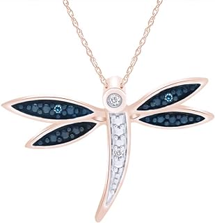 Jewel Zone US White & Blue Natural Diamond Dragonfly Pendant Necklace in 14k Gold Over Sterling Silver (0.04 Cttw)