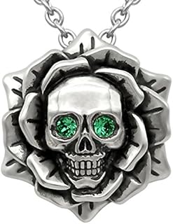 Lobster-Claw Clasp Skull Pendant Necklace with Crystal-Embellished Eyes on 316L Stainless Steel Cable Chain for Women - Rose & Skull Design
