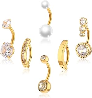 6 Pcs Belly Button Rings for Women Surgical Stainless Steel Belly Rings Various Sizes Round Pearl Diamondl Gold Belly Rings Bar Fashion Comfortable