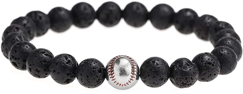 Alloy Copper Bead Chain Baseball Bracelet with Lava Stone Beads for Men - No Clasp Design