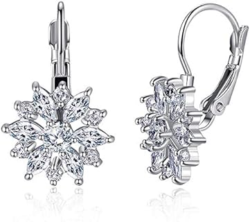 CZ Snowflake Flower Christmas Leverback Dangle Drop Hoop Earrings for Women Girls Sensitive Eears Elegant Dainty Shiny Crystal Sunflower Dangling Hypoallergenic Gifts for Xmas Wedding Best Friend Her Valentines Day