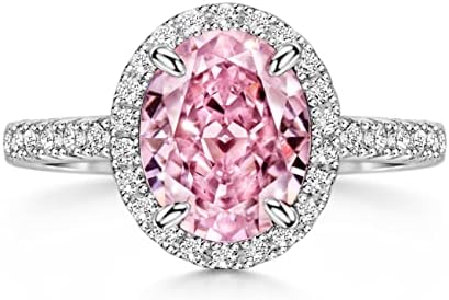 S925 Rhodium Plated Silver Engagement Ring with 2.0ct Oval Cut Pink Cubic Zirconia & Halo Diamond Design for Women
