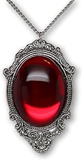 Victorian Style Blood Red Cabochon Pendant Necklace with Curb Chain and Spring Ring Clasp for Women - Silver Pewter Frame Design