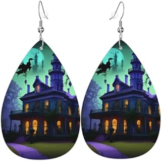 Black Haunted Mansion Print Leather Earring Leather Earrings Teardrop Dangle Earrings Lightweight Hook Earrings For Women Teen Girls Gift, White