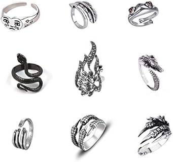 9PC Adjustable Alloy Frog Ring Set – Gothic Grunge Designs for Men & Women – Vintage-Inspired Animal and Dragon Claw Rings