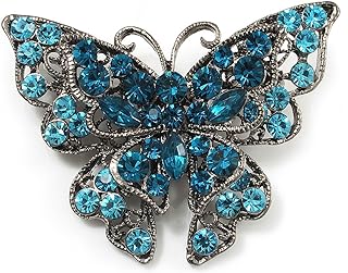 Azure Blue Crystal Filigree Butterfly Brooch (Silver Tone)