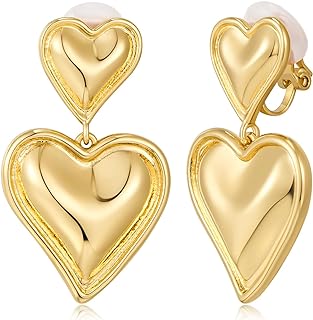 Gold Clip On Earrings For Women Matte Gold Plated Geometric Heart And Pearl Drop Earrings Clip Dangle Earrings