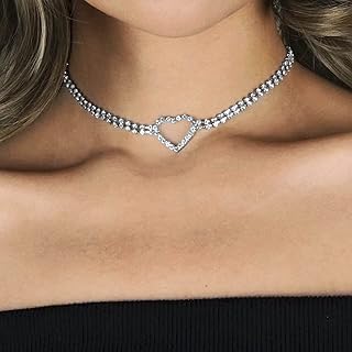 Rhinestone Choker Necklace Silver Diamond Heart Necklaces 2 Row Crystal Chain Jewelry for Women Girls