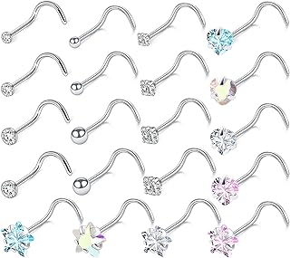 Kridzisw 18G 20G Heart Star CZ Nose Rings Studs Hypoallergenic 316L Surgical Steel L Shaped Silver Stud Nose Rings Cute Nose Piercing Jewelry for Women Men Diamond 1.5mm 2mm 2.5mm 3mm