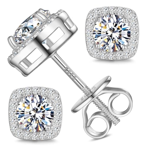 Moissanite Square Earrings Stud Screw Back 0.6-2.0ct 4-6mm 18K White Gold Plated 925 Sterling Silver Moissanite Diamond Halo Stud Earrings for Women Girls Men