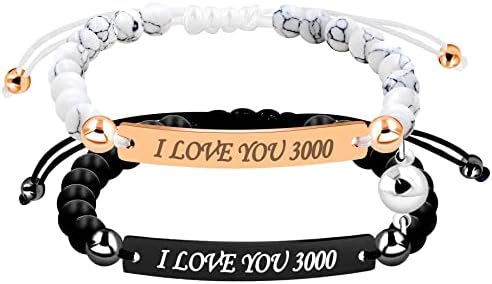Uloveido Personalized ID Couple Bracelet, Stainless Steel and Natural Bead, Custom Engraving Handmade Braided Rope Wrist Bangle for Men Women Friendship, Adjustable,Customized
