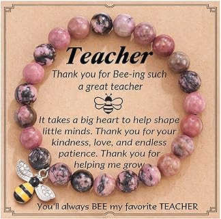 Colorful Bling 8mm Natural Stone Beaded Teacher Appreciation Bracelet with Bee & Apple Pendant on Bead Chain - Wisdom and Diligence Symbol, Rustic Charm, Adjustable Fit