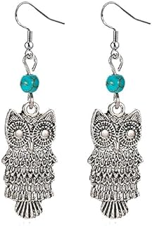 Bohemian Vintage Turquoise Owl Dangle Earrings with French Wire for Women and Girls: Unique Ethnic Design Jewelry Gift